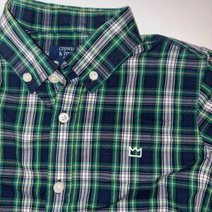 Crown & Ivy Boys Navy Green Tartan Plaid Size 6 Collared Button-Down Belk Preppy